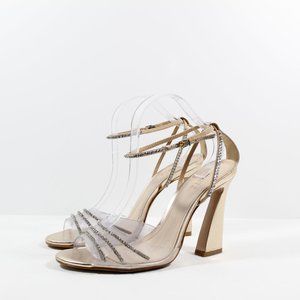 Schutz Rowena Crystal-Embellished Leather Sandal - Champagne 11B